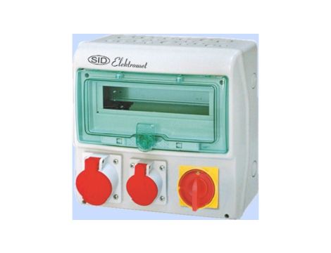 Rozdzielnica RSS-03 z rozłącznikiem 0-1 63A okienko 12 mod okablowana 1x32A 3P+N+Z 400V, 1x16A 3P+N+Z 400V IP44 942037