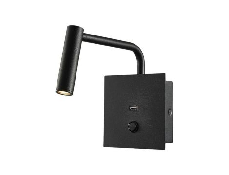 Kinkiet hotelowy LED 3W 180lm NW 3000K z włącznikiem i gniazdem USB ciepła czarny IP20 V-TAC VT-2943