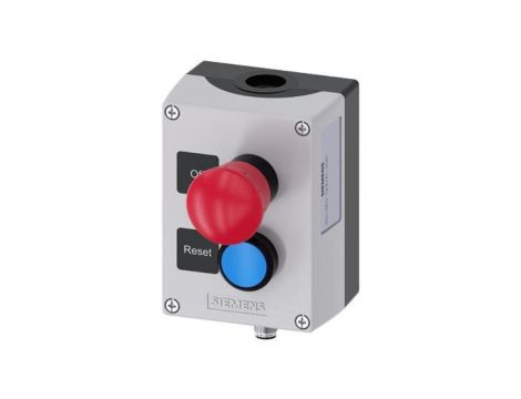 Kaseta szara z przyciskiem bezpieczeństwa 2R i przyciskiem niebieskim 1Z złącze M12 8pin IP69k SIRIUS ACT 3SU1802-0NE00-4SB1