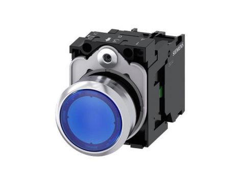 Przycisk podświetlany, 22 mm, okrągły, metalowy, błyszczący, niebieski,1 NO, moduł LED z wbudowaną diodą LED 24 V AC/DC, zacisk