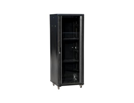 Szafa 32U 600x800, drzwi przednie szklane, osłona tylna metalowa pełna, zamek, 4 belki nośne, 4 regulowane stopki, do samodzieln