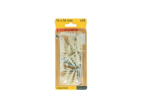 Kołki ślimakowe samowiercące do płyt G-K nylonowe 16x36mm z wkrętem 3,9x32mm 20szt. DRA-01 KOELNER
