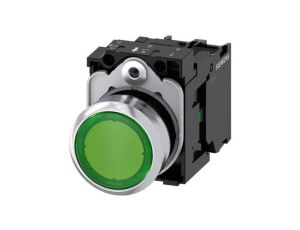 Przycisk 22 mm, round, metal, shiny, green, pushbutton, flat, momentary contact type, with holder, 1 NO, LED modu