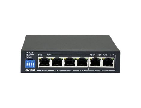 Switch desktop 6x port RJ45 (4x PoE+ 1Gb/s i 2x Uplink 1Gb/s Ethernet) przełącznik niezarządzalny AVIZIO