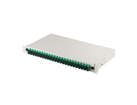 Panel krosowy FO z wyposażeniem 19 1U, 24x SC APC dx, OS2, pigtaile, adaptery, tacki, szary DN-96322-9-APC