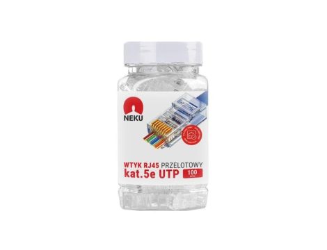 Wtyk modularny RJ45 8P8C kat.5e nieekranowany UTP uniwersalny drut linka przelotowy NEKU opakowanie SŁOIK 100szt.