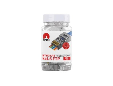 Wtyk modularny RJ45 8P8C kat.6 ekranowany FTP uniwersalny drut linka przelotowy NEKU opakowanie SŁOIK 100szt.