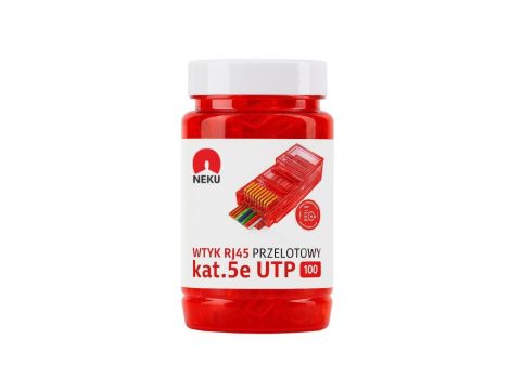 Wtyk modularny RJ45 8P8C kat.5e nieekranowany UTP uniwersalny drut linka przelotowy czerwony NEKU opakowanie SŁOIK 100szt.