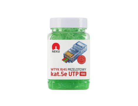 Wtyk modularny RJ45 8P8C kat.5e nieekranowany UTP uniwersalny drut linka przelotowy zielony NEKU opakowanie SŁOIK 100szt.