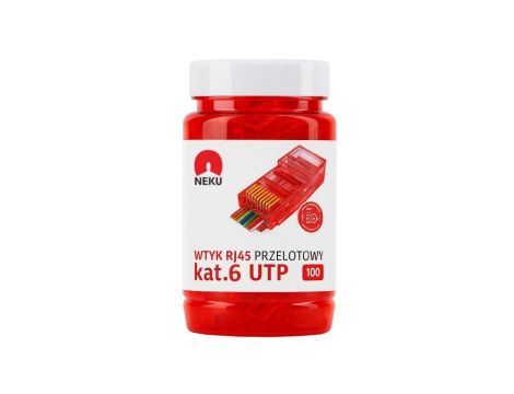 Wtyk modularny RJ45 8P8C kat.6 nieekranowany UTP uniwersalny drut linka przelotowy czerwony NEKU opakowanie SŁOIK 100szt.