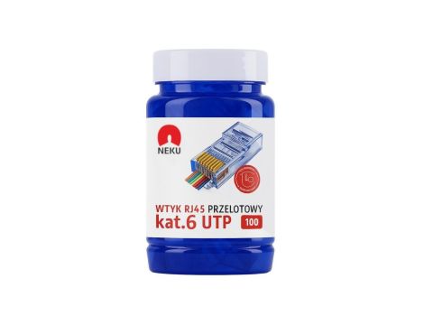 Wtyk modularny RJ45 8P8C kat.6 nieekranowany UTP uniwersalny drut linka przelotowy niebieski NEKU opakowanie SŁOIK 100szt.