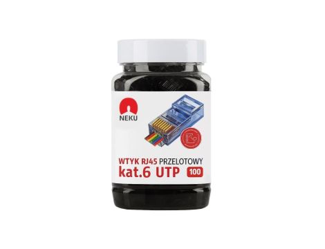 Wtyk modularny RJ45 8P8C kat.6 nieekranowany UTP uniwersalny drut linka przelotowy czarny NEKU opakowanie SŁOIK 100szt.