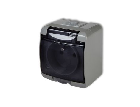 JUNIOR Gniazdo pojedyncze z/u (klapka dymna) popielaty IP54 10GHE-1d