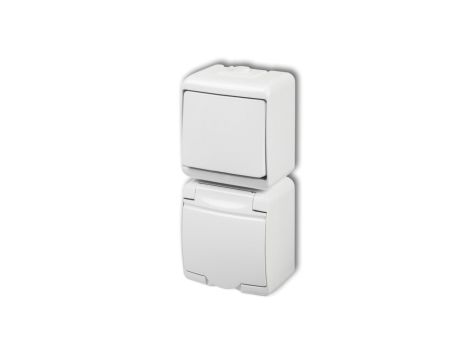 JUNIOR Łącznik jednobiegunowy + gniazdo hermetyczne SCHUKO (klapka w kolorze obudowy) biały WGHP-1s