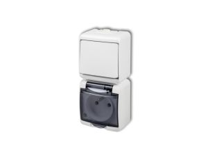 JUNIOR Łącznik jednobiegunowy + gniazdo hermetyczne (klapka dymna) biały WGHP-1d