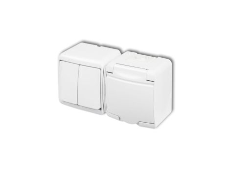 JUNIOR Łącznik świecznikowy + gniazdo hermetyczne SCHUKO (klapka w kolorze obudowy) biały WGHH-2s
