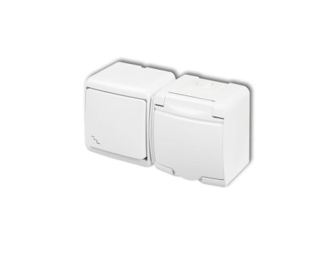 JUNIOR Łącznik schodowy + gniazdo hermetyczne SCHUKO (klapka w kolorze obudowy) biały WGHH-3s