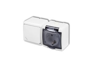 JUNIOR Łącznik schodowy + gniazdo hermetyczne SCHUKO (klapka dymna) biały WGHH-3sd