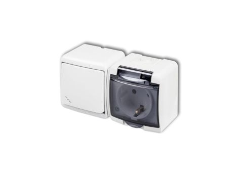 JUNIOR Łącznik schodowy + gniazdo hermetyczne SCHUKO (klapka dymna) biały WGHH-3sd