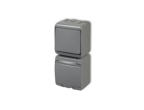 JUNIOR Łącznik jednobiegunowy + gniazdo hermetyczne (klapka popielata) popielaty 10WGHP-1p