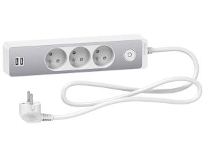 Odace Przedłużacz 3 gniazdowy z łącznikiem 2x USB, 1,5m biały+szczotkowane aluminium ST933U1WA