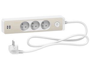 Odace Przedłużacz 3 gniazdowy z łącznikiem 2x USB, 1,5m biały+drewno Nordic ST933U1WC