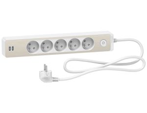 Odace Przedłużacz 5 gniazdowy z łącznikiem 2x USB, 1,5m biały+drewno Nordic ST935U1WC