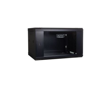 Szafa wisząca jednosekcyjna 19 cali 6U 368/600/450mm drzwi szklane czarna (RAL 9004) niezmontowana DN-WU19 06U/450/B