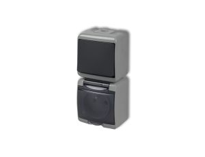 JUNIOR Łącznik jednobiegunowy z gniazdem hermetycznym (klapka dymna) popielaty / grafitowy 30WGHP-1d